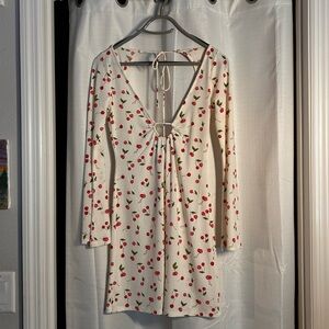 cherry print flared-sleeve open back cocktail dress